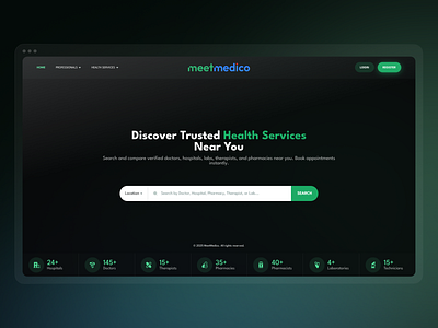 MeetMedico Dark theme design doctor healthcare homepage medical medicine ui design ui inspiration uiux uiux design