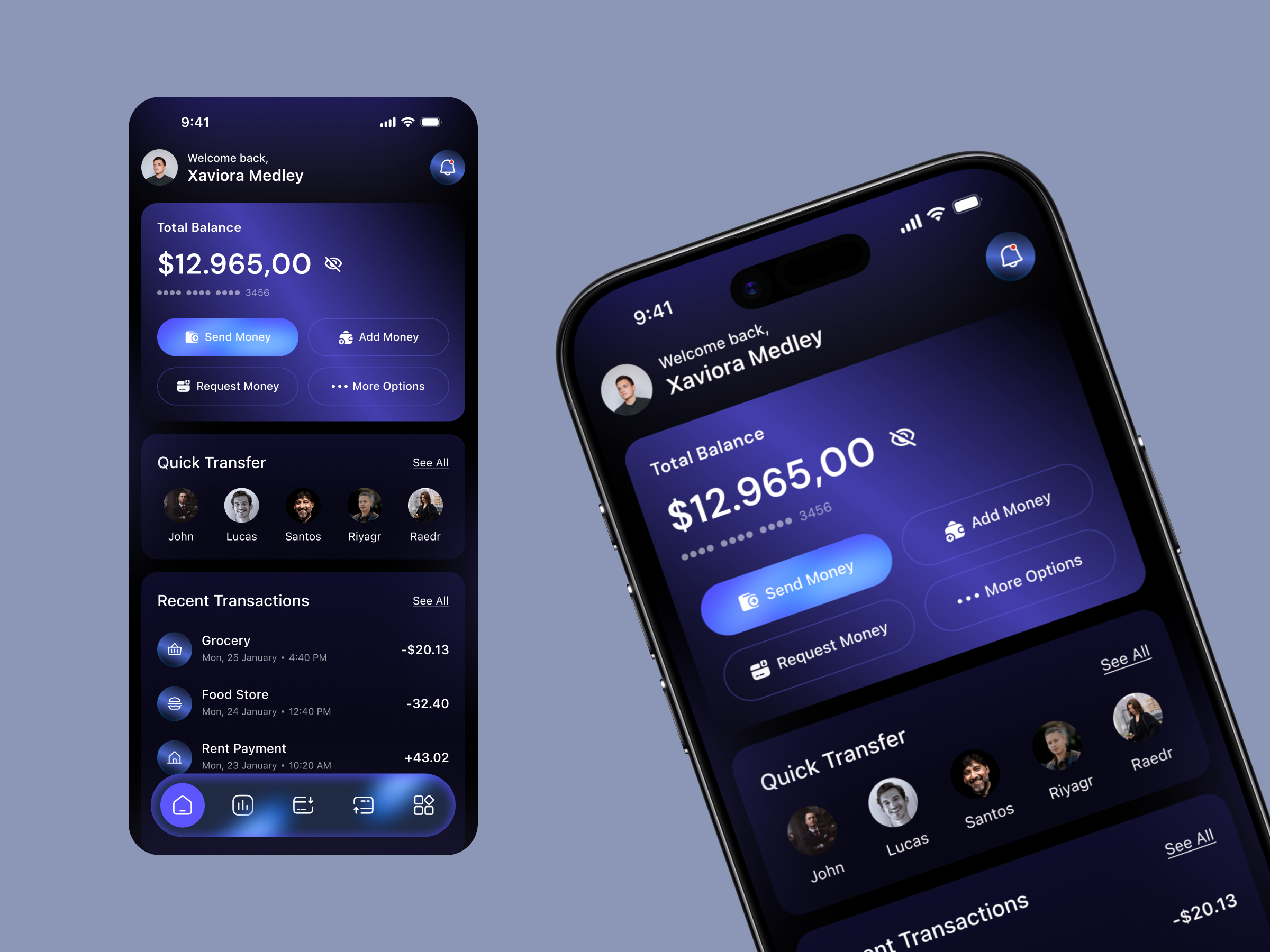 Modern Finance App UI – Dark Theme Dashboard Design app concept dark ui finance app fintech glassmorphism mobile app design mobile banking ui design ux design