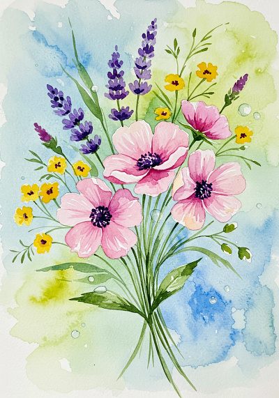 Watercolor painting of a vibrant flowers bouquet.
