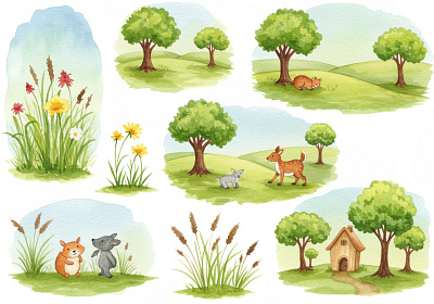 Watercolor illustration set