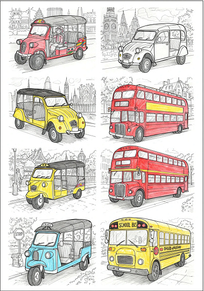 A coloring page illustration featuring vehicles.