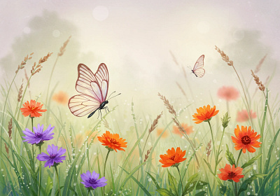 Watercolor butterflies among wildflowers in a sunlit meadow.
