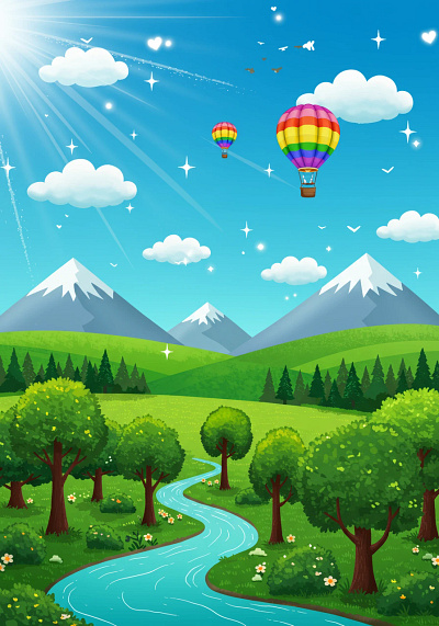 A vibrant digital illustration of a cheerful mountain landscape.