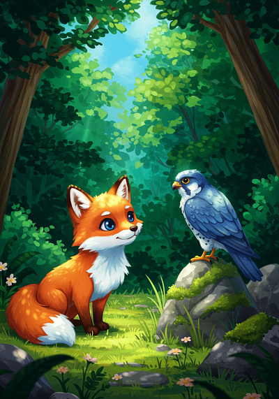 A cute orange fox in a sunny, flower-filled green meadow. app branding design graphic design illustration logo typography ui ux vector