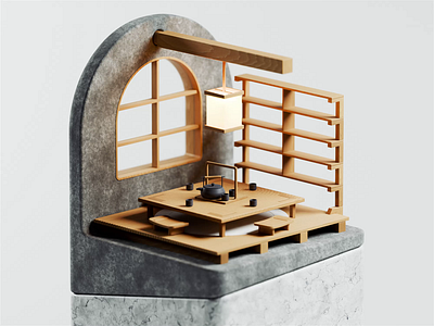 Harmonizing 3d 3d animation arch architectual archviz blender blender3d concrete furniture illustration isometric isometric illustration japan japanese living room room tea tea pot wood