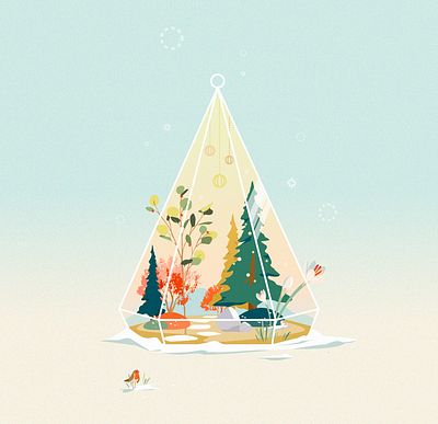 Illustration - Winter Terrarium bird book card children christmas christmas card crocus editorial flower garden greating hiver illustration landscape nature robin snow terrarium winter winter season