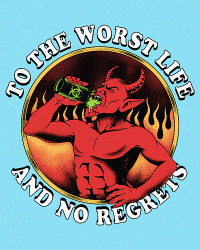 Drunk Now 2d art apparel available clothing custom work demon design devil freelance illustration logo merch design on sale poster screen printing t shirt design