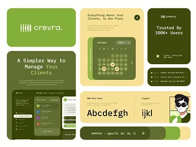 Crevra – Branding - Client Management bento grid brand branding branding guideline client management creative design freelance graphic design green illustration japanese logo management minimal design saas ui visual identity web app zen