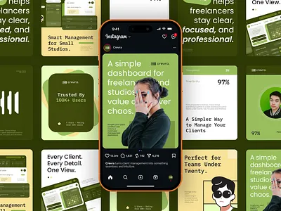 Crevra – Social Media - Client Management app bento grid branding branding guideline client management creative graphic design green illustration instagram feeds japanese zen logo marketing kit minimal design minimalist poster saas social media visual identity web app