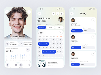 HR & Employee Management App attendance app calendar ui clean design employee management hr app hr dashboard minimal app mobile app ui mobile dashboard modern ui payroll app productivity app profile screen salary dashboard team management time tracking ux design work schedule work tracker workplace app