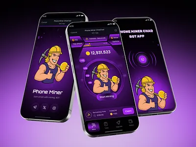 Phone Miner Chat Bot App UI Design – Earn Smart with Mining BOT appdesigninspiration cryptoappui cryptoearningapp cryptowalletui darkmodedesign dribbbleportfolio financeappdesign futuristicui miningbotapp mobileappdesign smartminingbot telegrambotui uiuxdesign