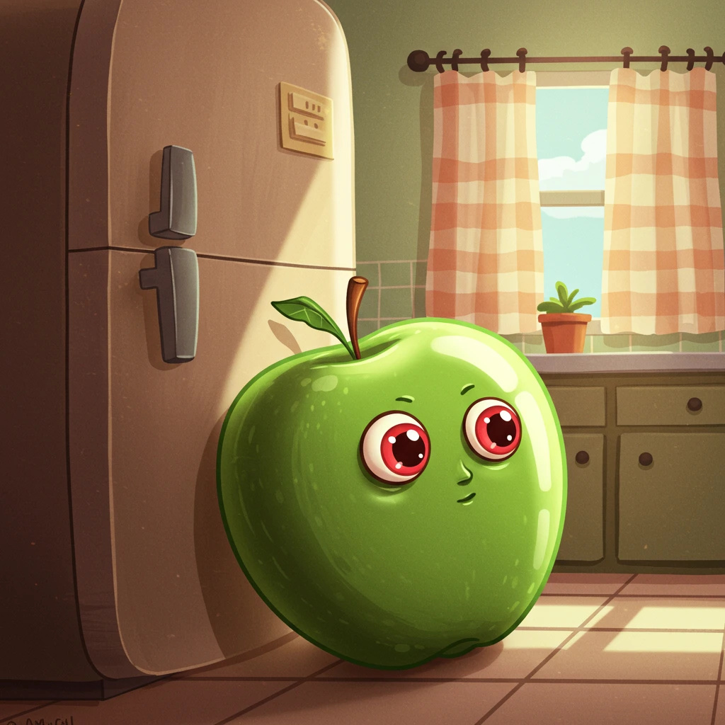A cute, shiny cartoon apple with a green leaf and a happy face.