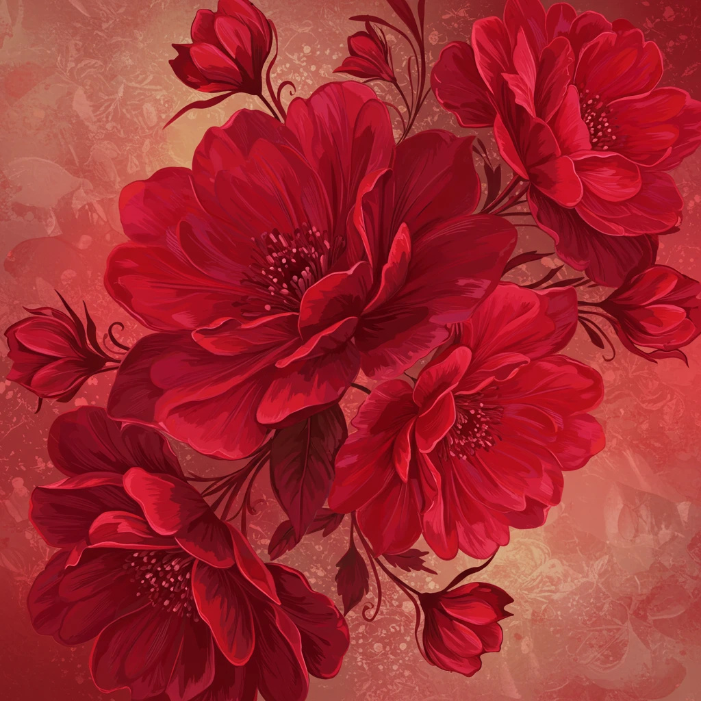 A vibrant floral pattern with detailed petals and leaves.