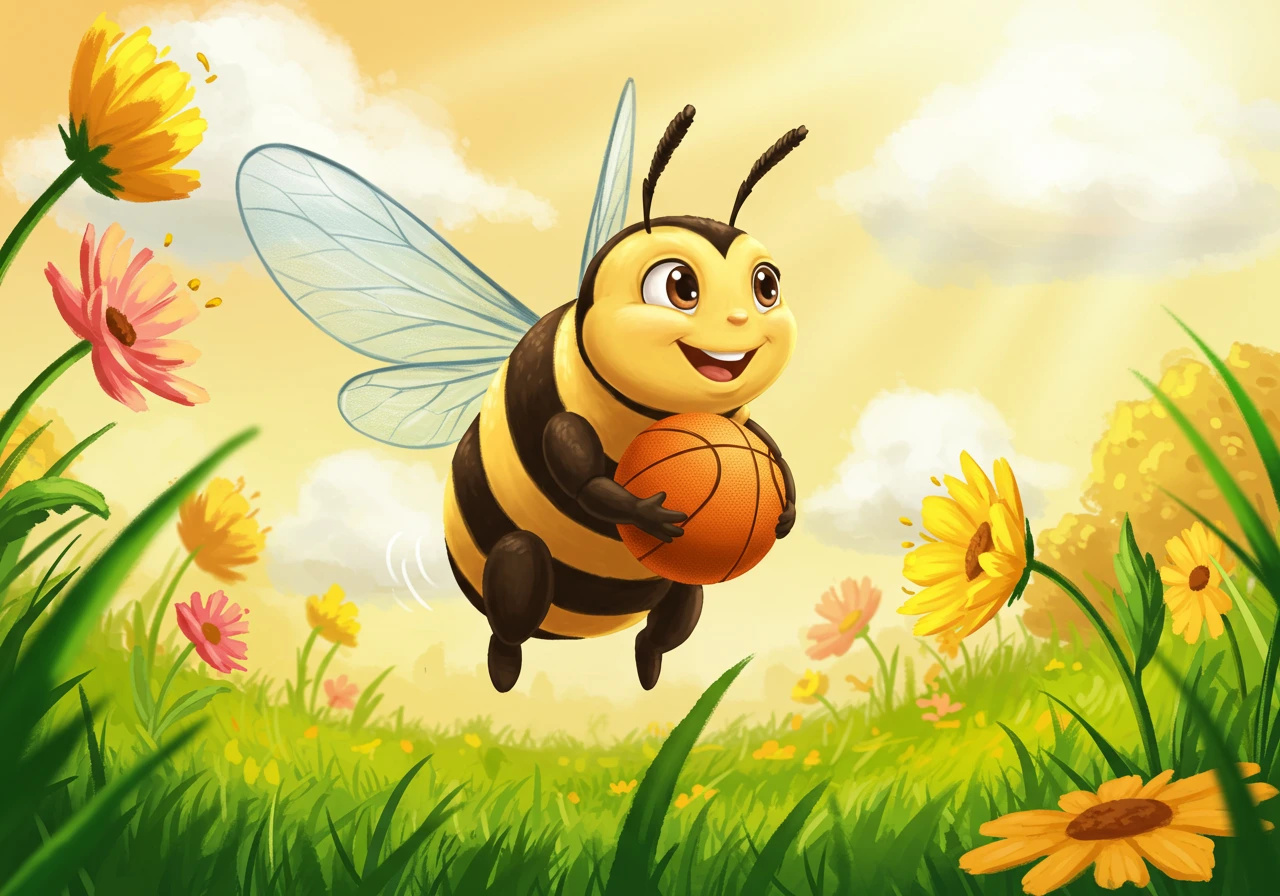 Cute, rounded, cartoon bee with big eyes and black stripes.