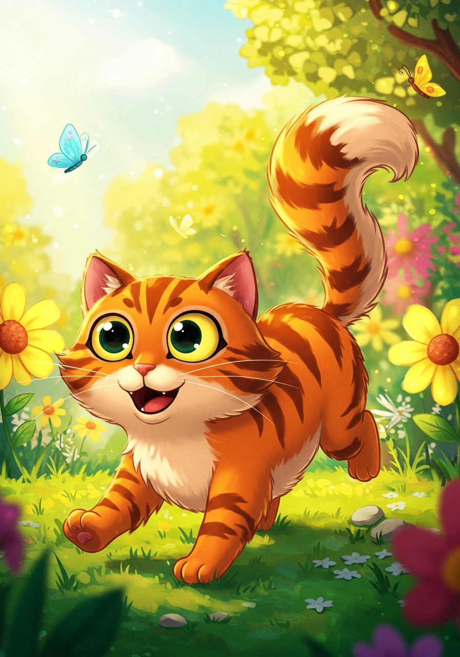 A happy cartoon tabby cat with large eyes.