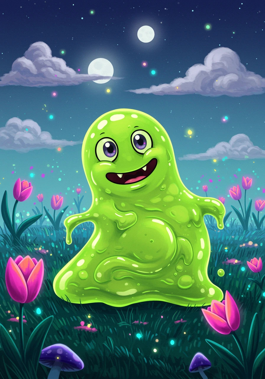 A happy slime monster with big eyes and a wide smile.