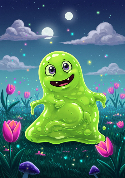 A happy slime monster with big eyes and a wide smile. app branding design graphic design illustration logo typography ui ux vector