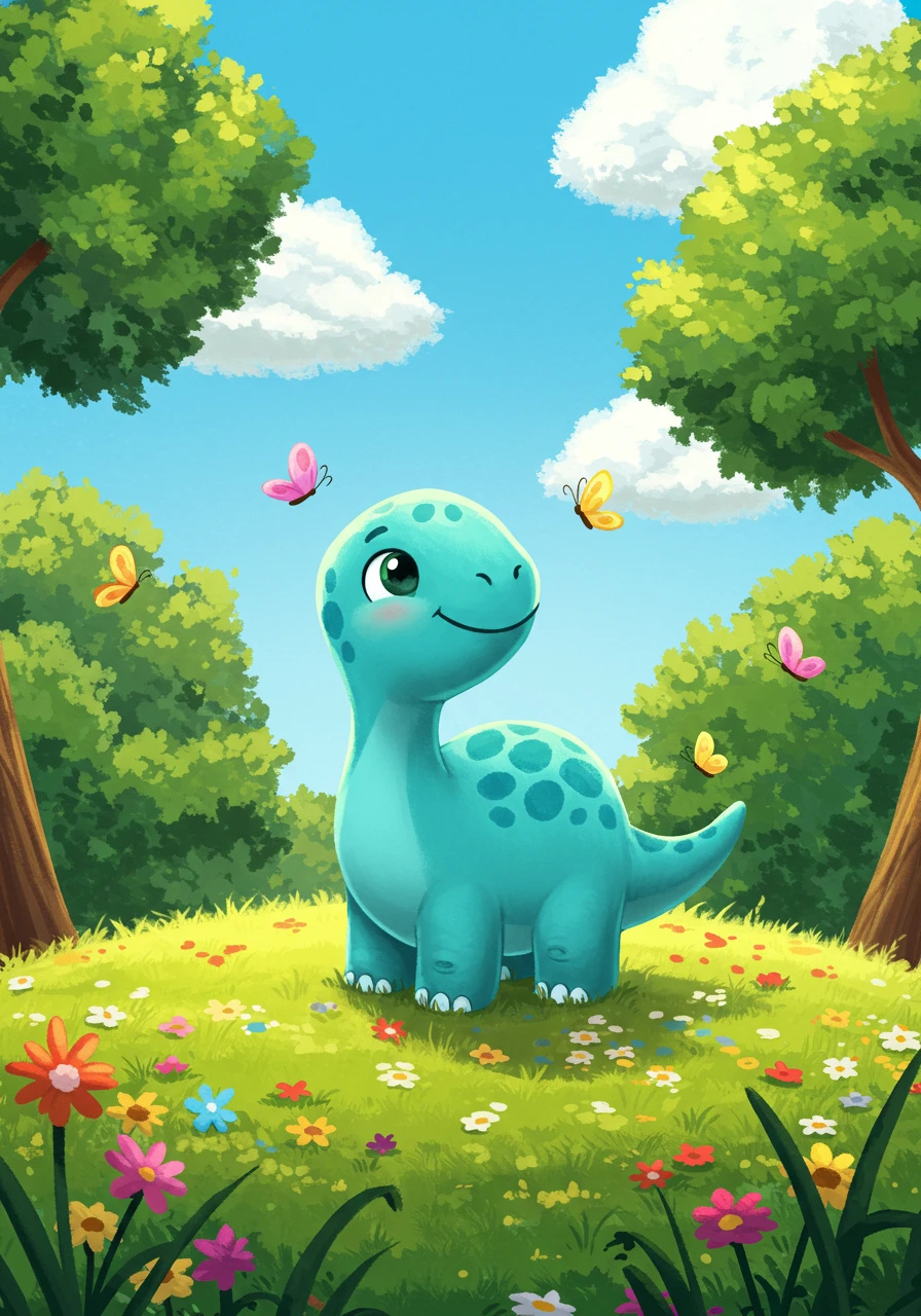 A cute cartoon dinosaur stands in a vibrant green field.