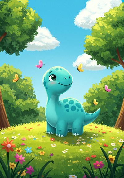 A cute cartoon dinosaur stands in a vibrant green field. app branding design graphic design illustration logo typography ui ux vector