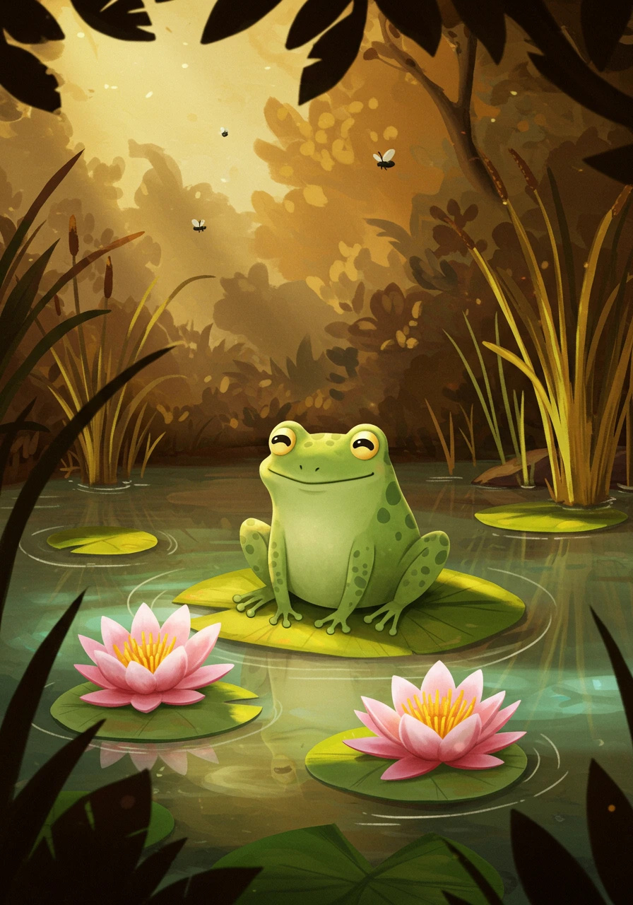 A cute green frog with a happy expression sits on a lily pad.