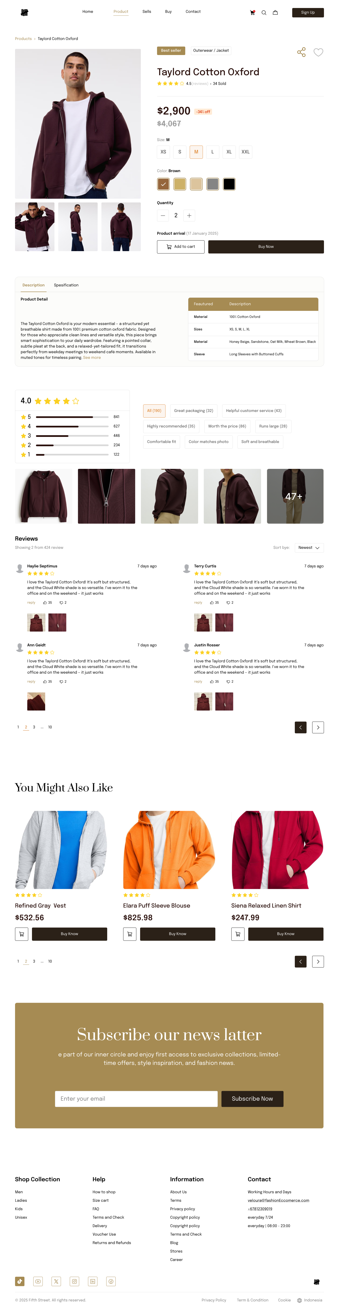 Clothing Fashion Store Single Product Page men clothing website minimal web design modern web design newsletter page page nav bar product carousel product page design review section single product page ui ux ux design web design web page brown women clothing wepage