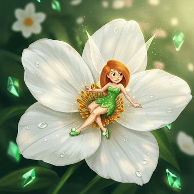 A cartoon fairy with a light dress sits in a large flower. app branding design graphic design illustration logo typography ui ux vector