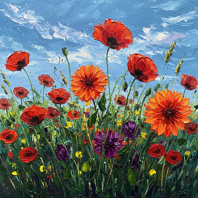 Vibrant flowers painted in a textured acrylic style. app branding design graphic design illustration logo typography ui ux vector