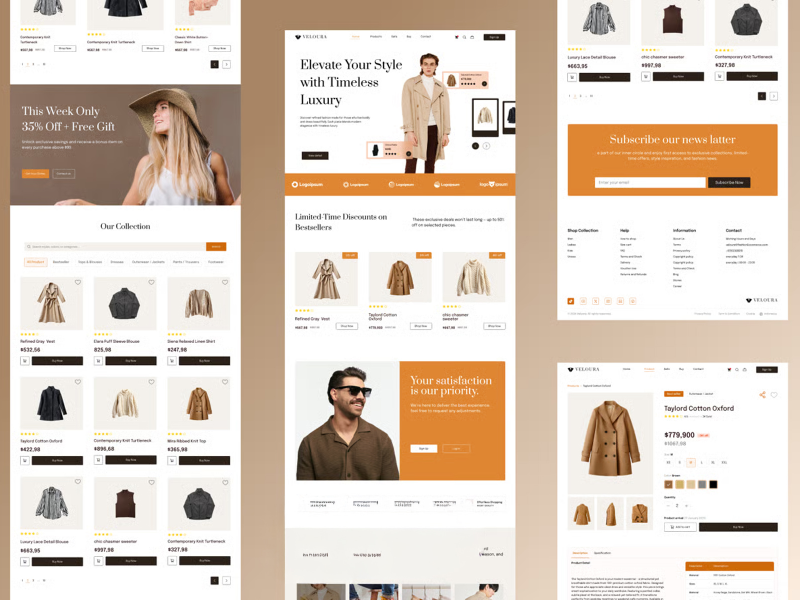 Veloura Ecommerce Apparel Landing page ui design apparel graphic design landing page design landing page redesign modern clothing page redesign product carousel product design product preview products section suiting page ui ux web banner web design
