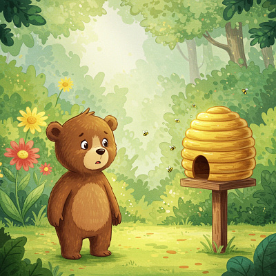 A cartoon bear with a bee vibrant children's book style forest.