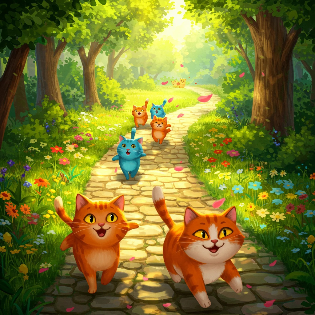 Several cartoon cats walk gleefully on a winding path.