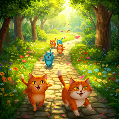 Several cartoon cats walk gleefully on a winding path. app branding design graphic design illustration logo typography ui ux vector