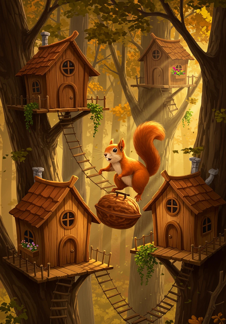 A whimsical illustration of a treehouses in a sunlit forest.