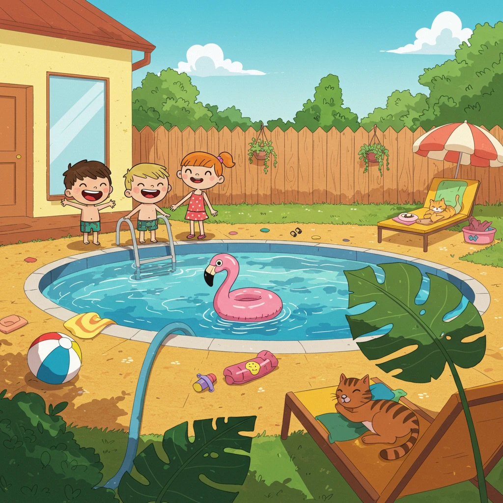 Cartoon illustration of a children playing near a swimming pool.