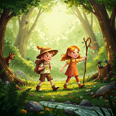 A boy and girl hike through a sunny, vibrant green forest. app branding design graphic design illustration logo typography ui ux vector