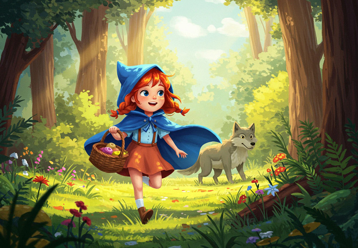 A happy cartoon girl walks through a sunlit forest.