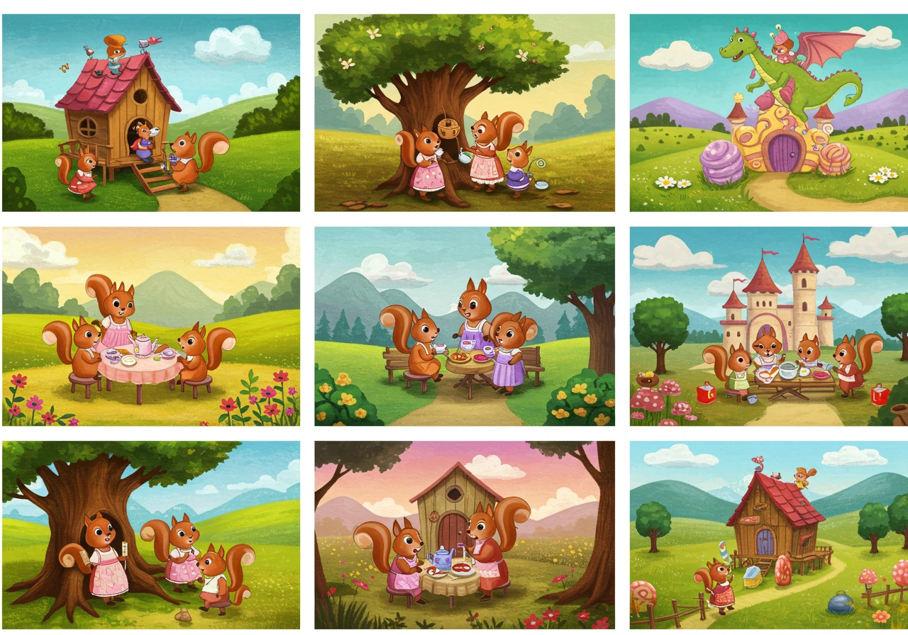 A colorful cartoon illustrations showing squirrels houses.