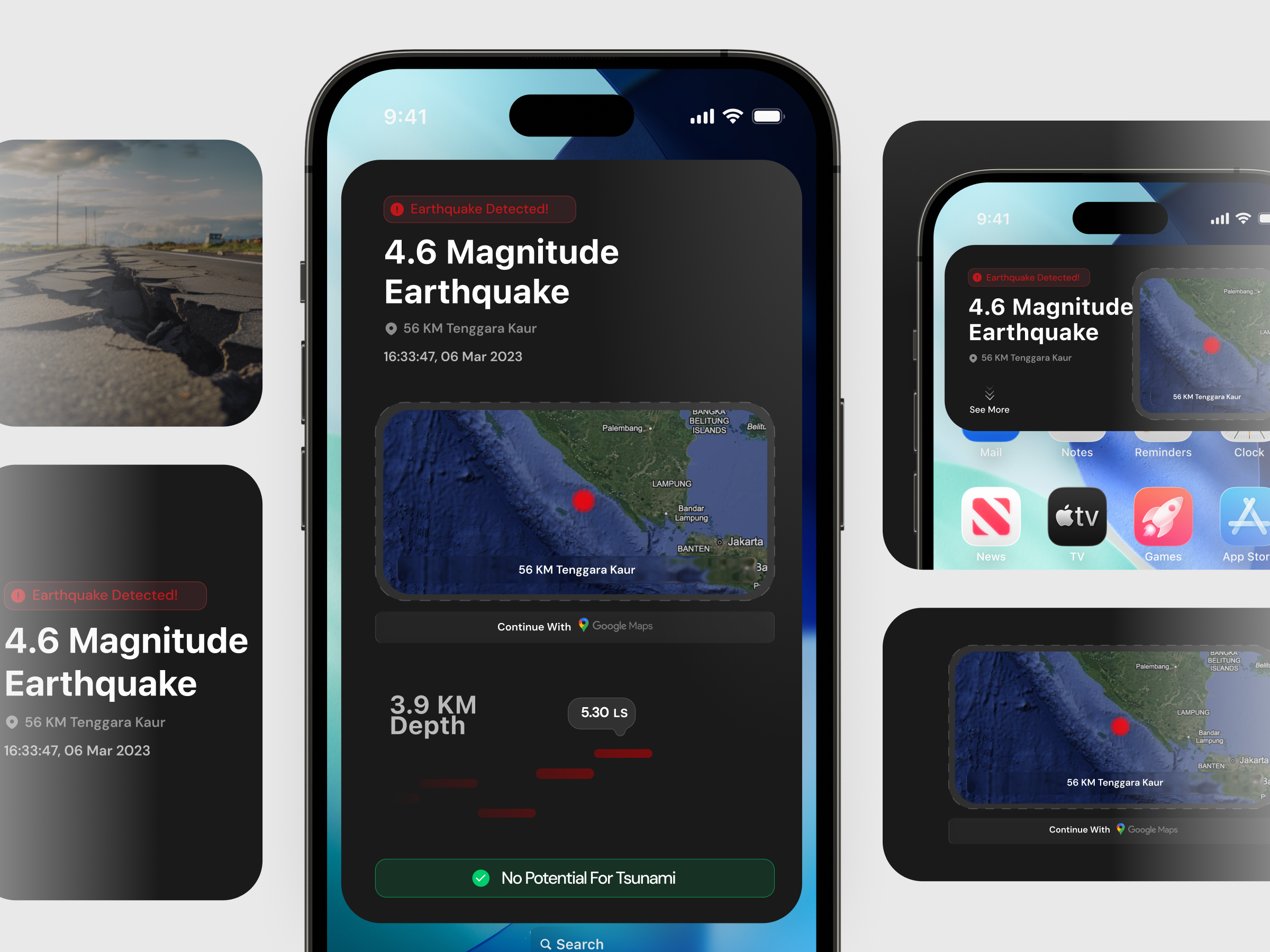 Earthquake Alert App — Real-Time Detection UI alert app dark design disister earthquake mobile modern ui ux