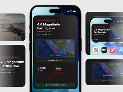 Earthquake Alert App — Real-Time Detection UI alert app dark design disister earthquake mobile modern ui ux