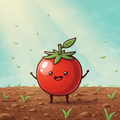 Cheerful cartoon tomatoes stand in a sunny garden. app branding design graphic design illustration logo typography ui ux vector