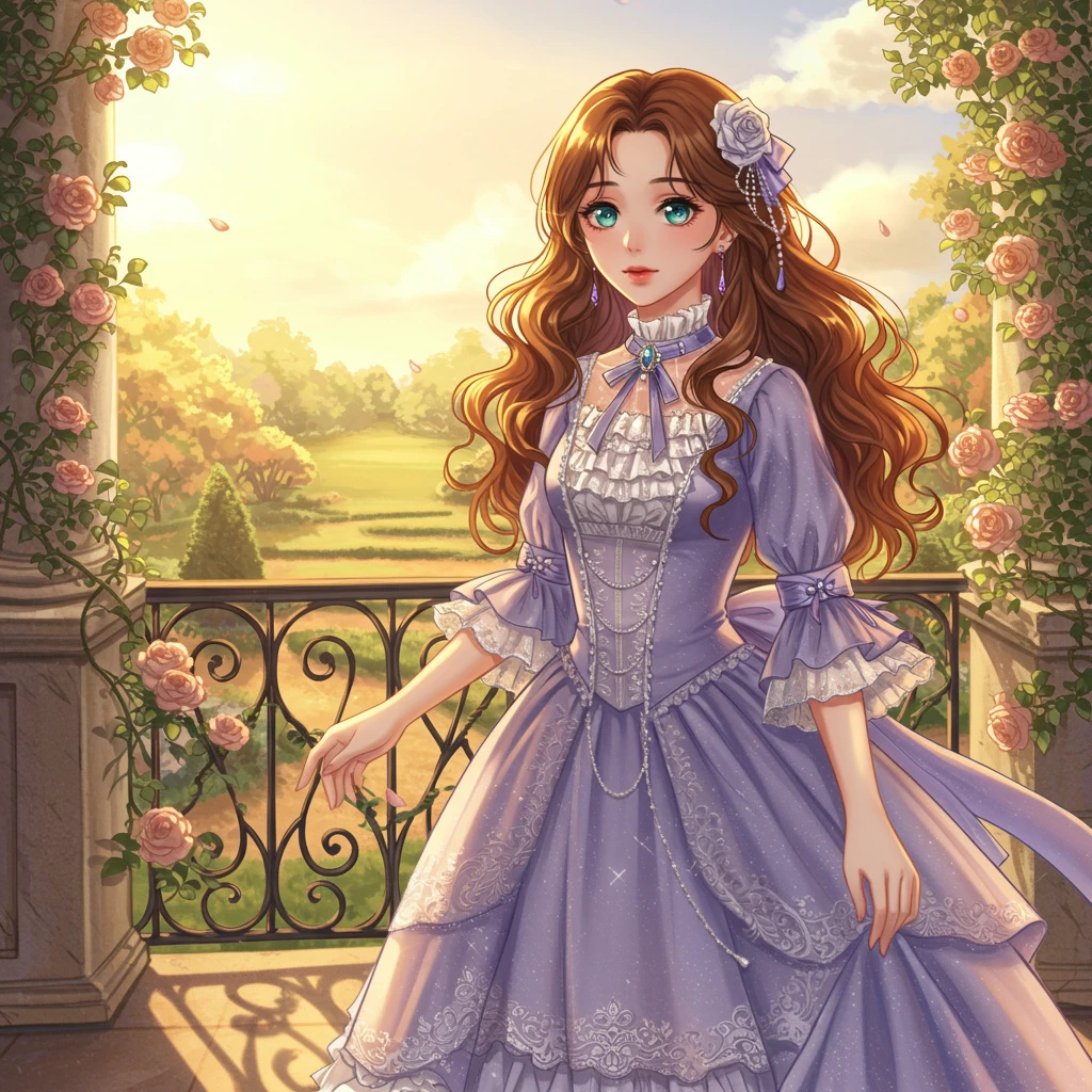 A princess in a flowing gown stands in a beautiful garden.