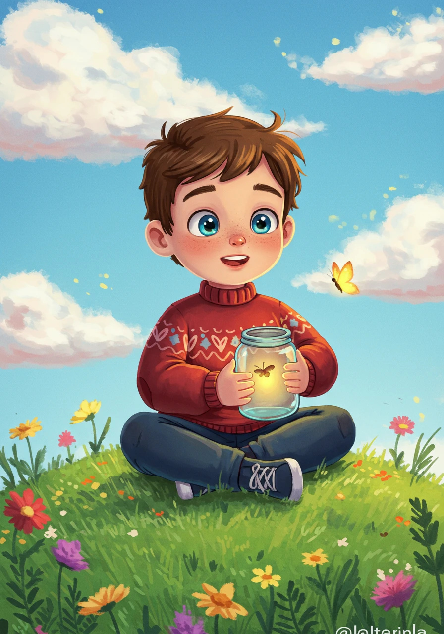 A cute cartoon boy under a blue sky.