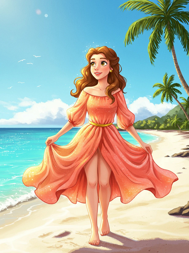 Cartoon illustration of a woman on a sunny beach.