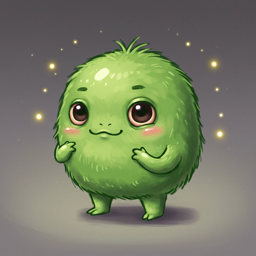 A cute, fluffy green monster with big eyes.