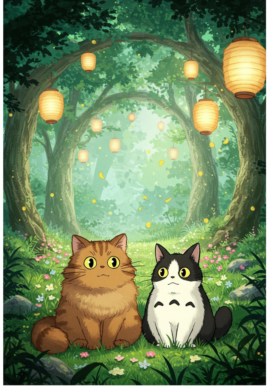 Two cartoon cats, sit in an enchanted forest.
