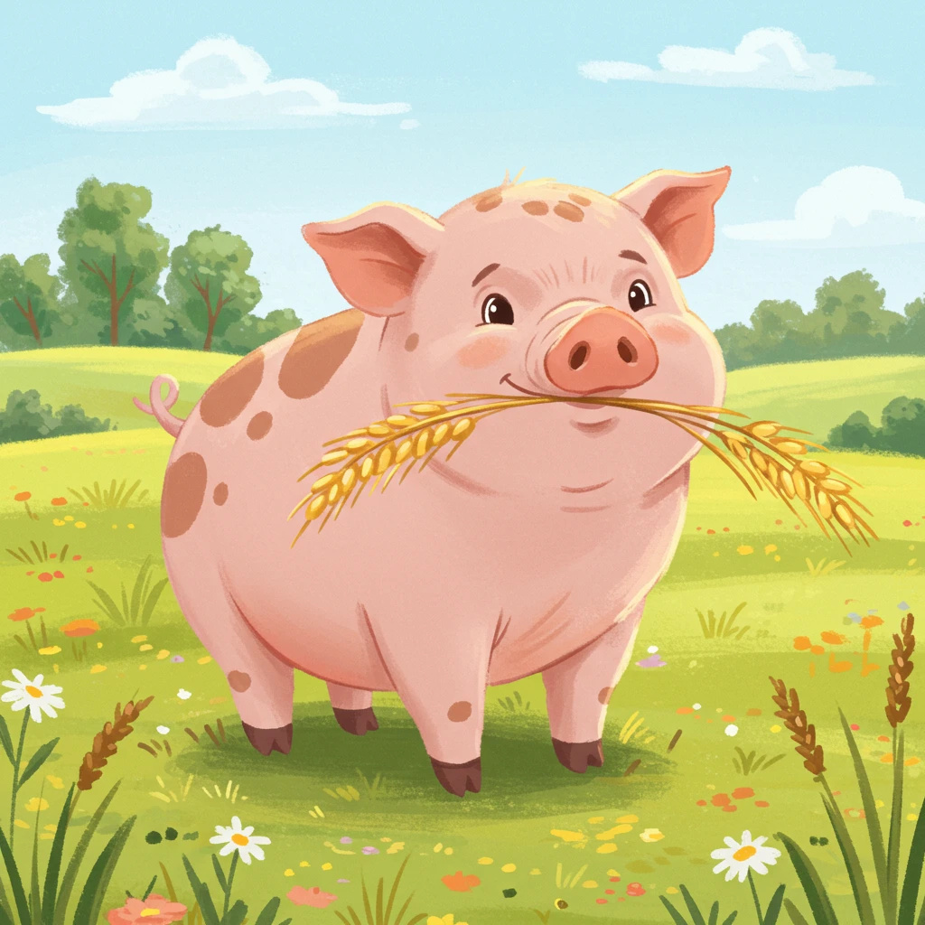 A cute, smiling cartoon pig stands in a sunny field.