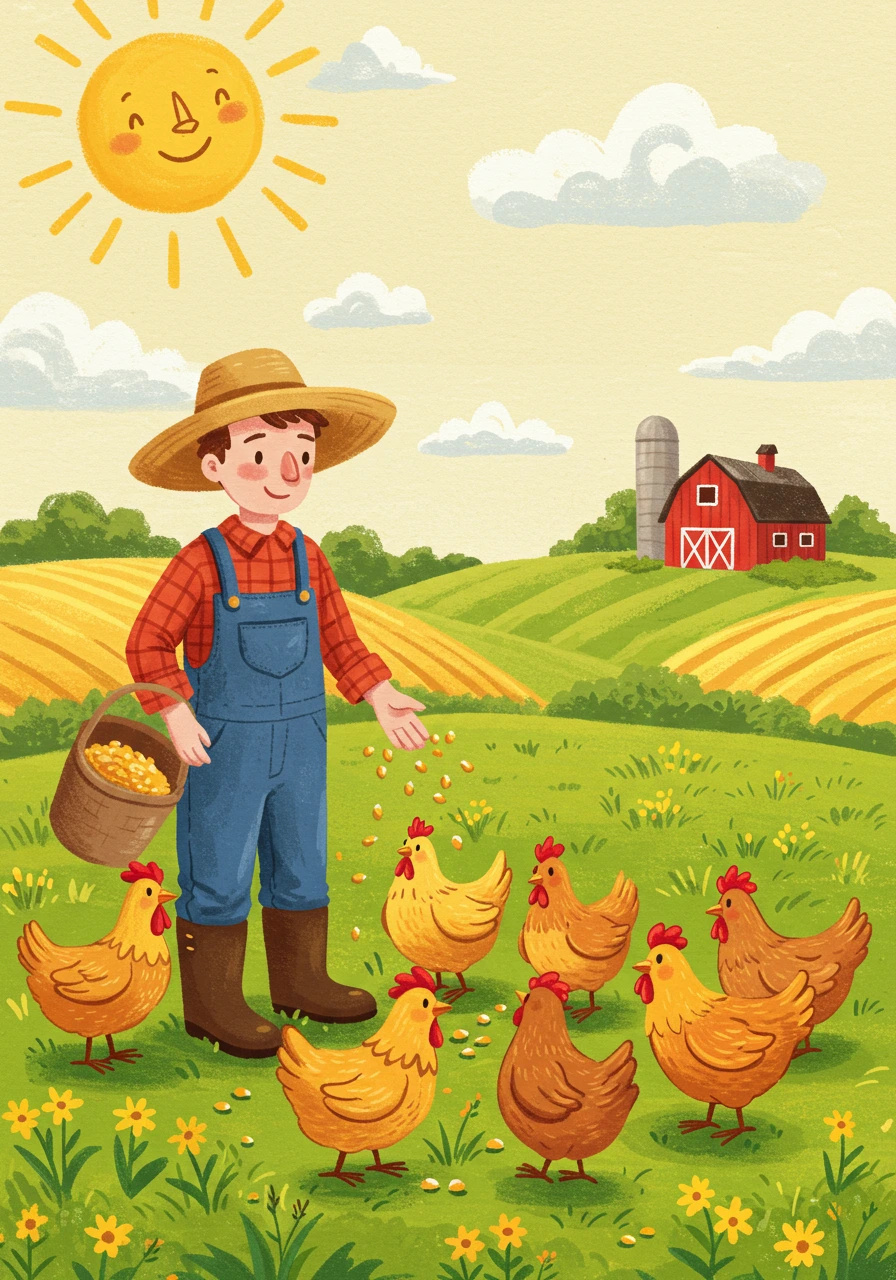 A cheerful cartoon farmer feeds chickens in a green field.