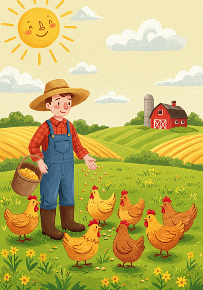 A cheerful cartoon farmer feeds chickens in a green field. app branding design graphic design illustration logo typography ui ux vector