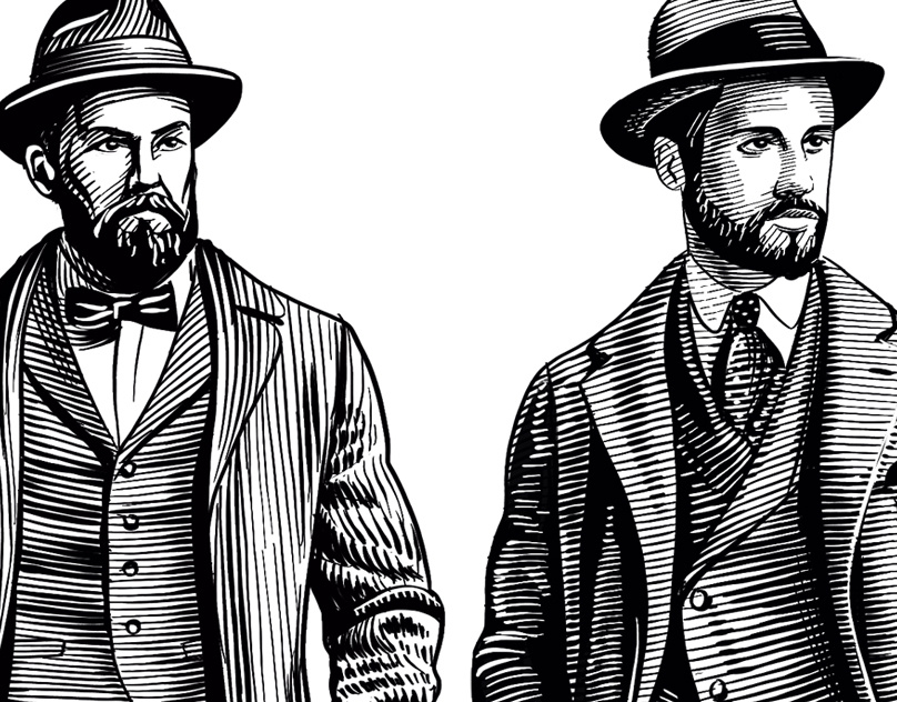 Two Gentlemen in Vintage Suits — Fashion Engraving black and white brand identity catalogue style classic style cross‑hatching editorial engraving fashion illustration gentleman linework menswear poster art retro tailoring vintage suits