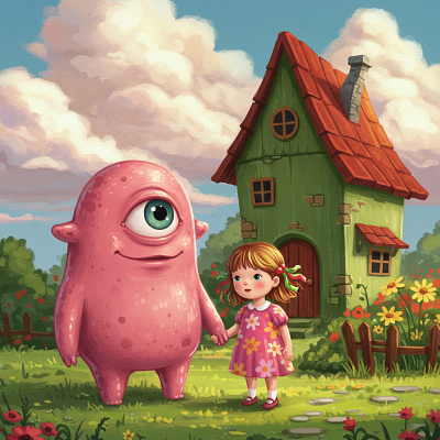 Monster and a little girl in a garden. app branding design graphic design illustration logo typography ui ux vector