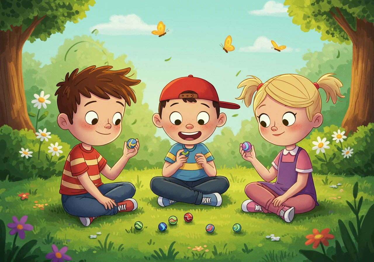 Cartoon children playing on green grass.
